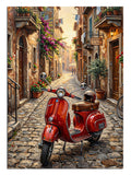 Dar bir İtalyan sokağında park edilmiş nostaljik kırmızı Vespa.