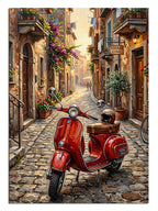 Dar bir İtalyan sokağında park edilmiş nostaljik kırmızı Vespa.