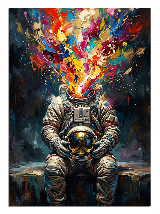 Kaskından renkli boyalar fışkıran sürrealist astronot figürü.