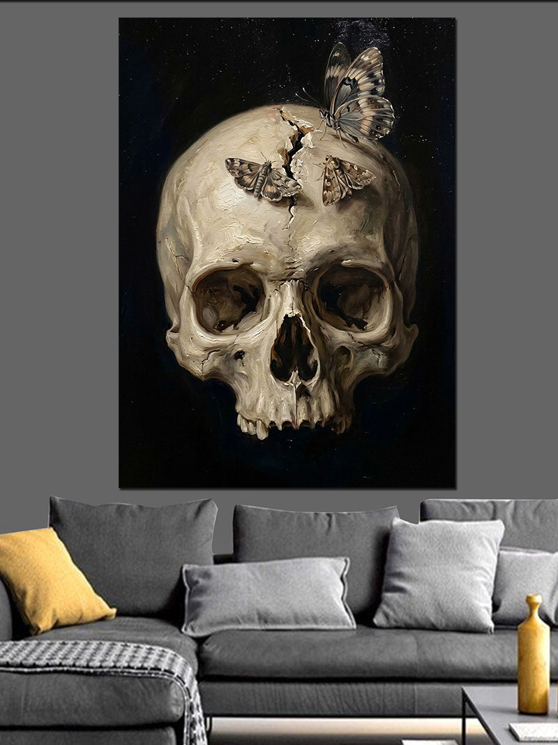 Kelebeklerle Süslü Kurukafa Sanat Eseri Kanvas Tablo