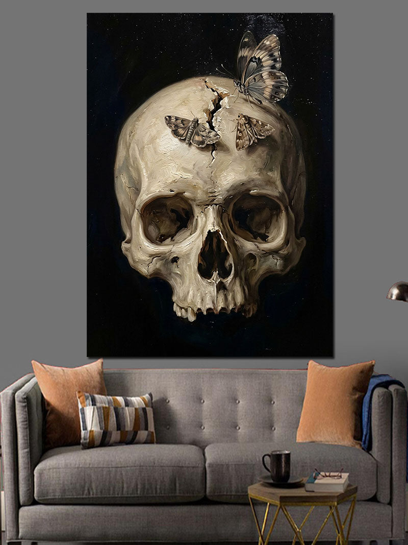 Kelebeklerle Süslü Kurukafa Sanat Eseri Kanvas Tablo