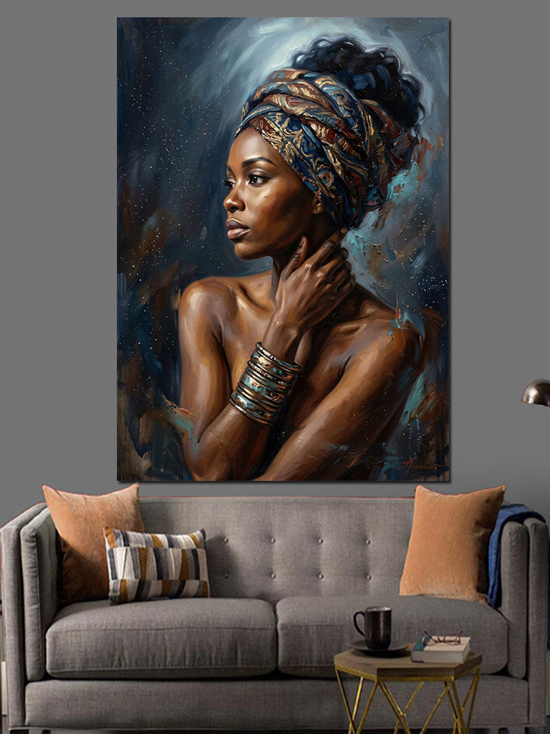 Türbanlı Ve Takılı Afrikalı Kadın Kanvas Tablo