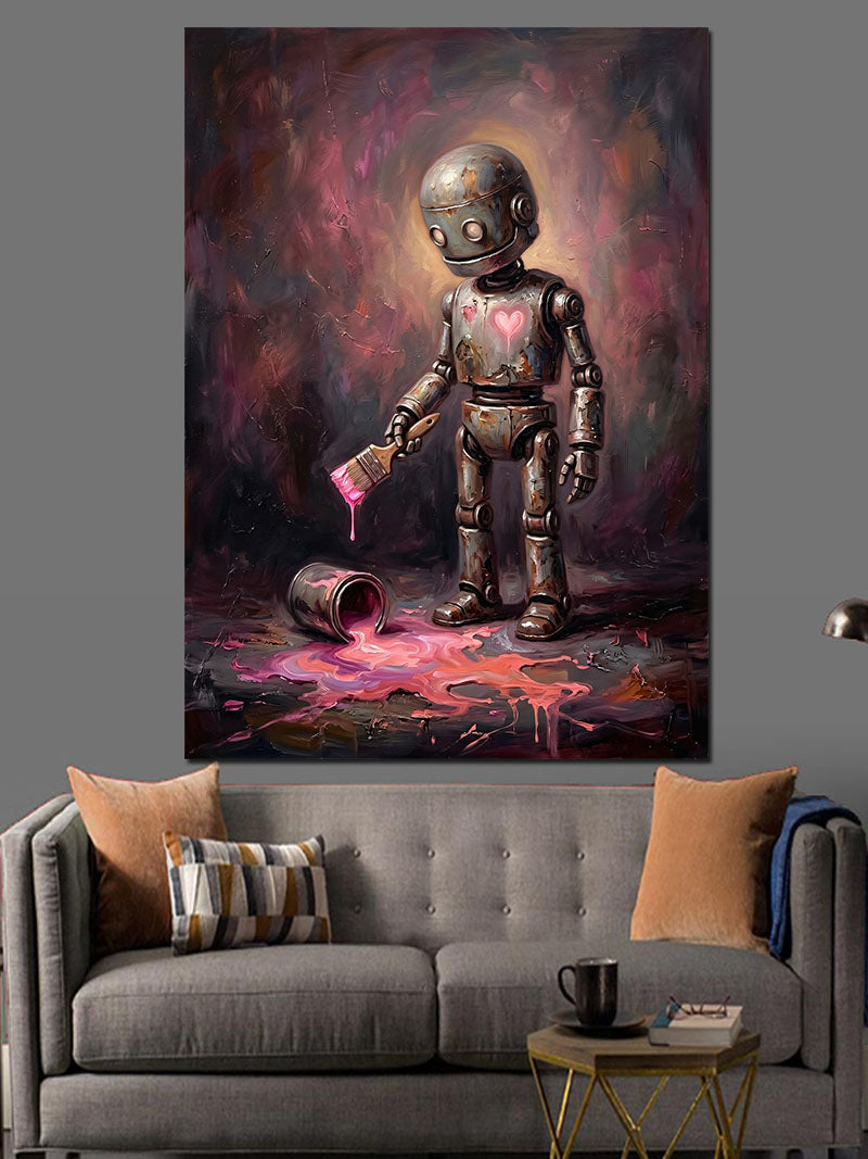 Pembe Boya Yapan Küçük Robot Kanvas Tablo