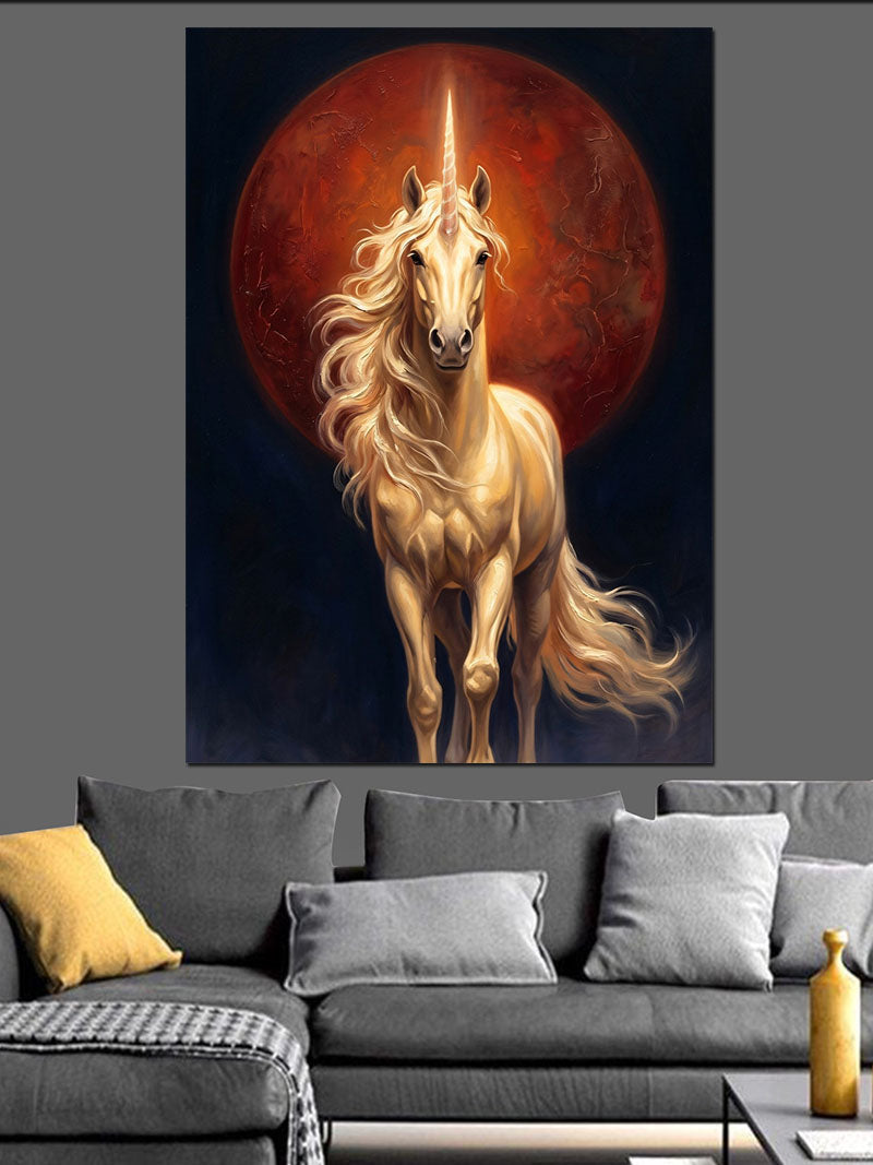 Kırmızı Ay Önünde Beyaz Unicorn Kanvas Tablo