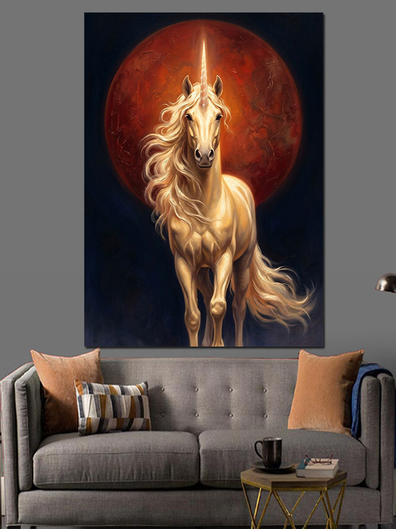 Kırmızı Ay Önünde Beyaz Unicorn Kanvas Tablo