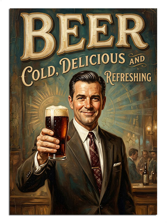 Elinde bira bardağı tutan şık giyimli adam ve "Beer" yazısı.