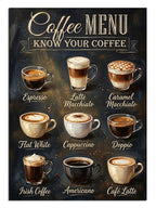 Farklı kahve türlerinin (latte, espresso vb.) çizimli listesi.