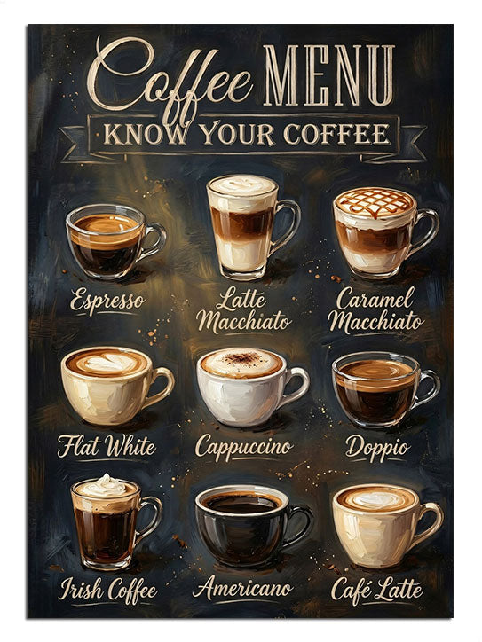 Farklı kahve türlerinin (latte, espresso vb.) çizimli listesi.