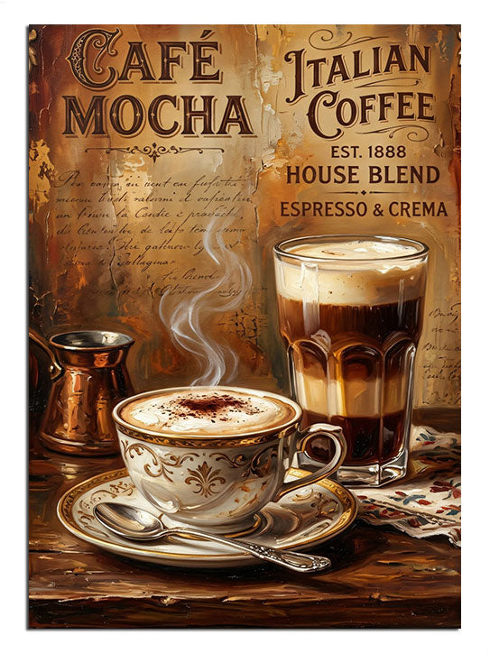 Buharı üzerinde kahve fincanı ve Cafe Mocha yazılı vintage afiş.
