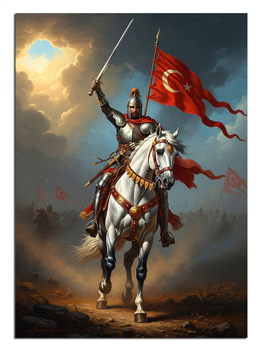 Şaha kalkmış beyaz at üzerinde Türk bayrağı taşıyan asker.