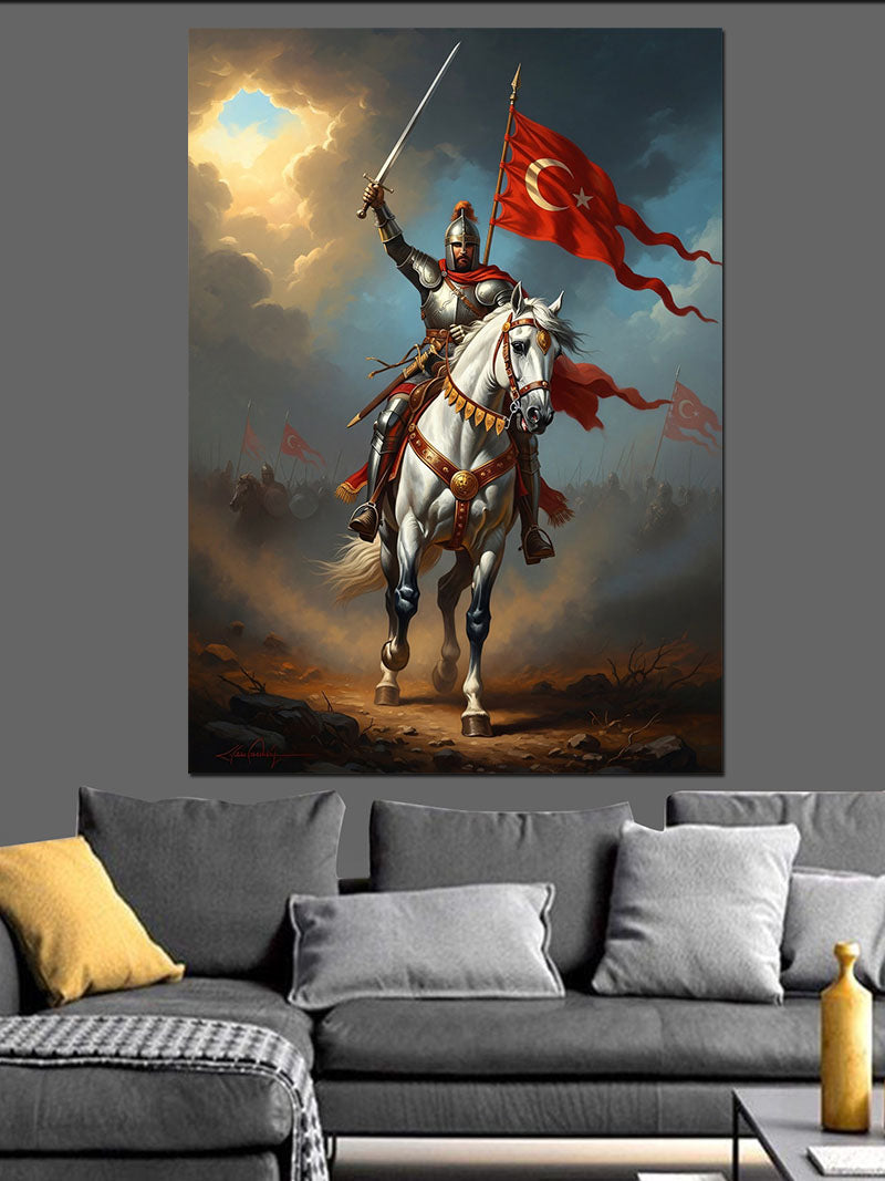 At Üstünde Türk Bayraklı Şövalye Kanvas Tablo