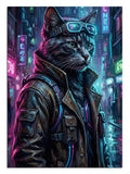 Deri ceketli ve gözlüklü, neon ışıklı kedi figürü.
