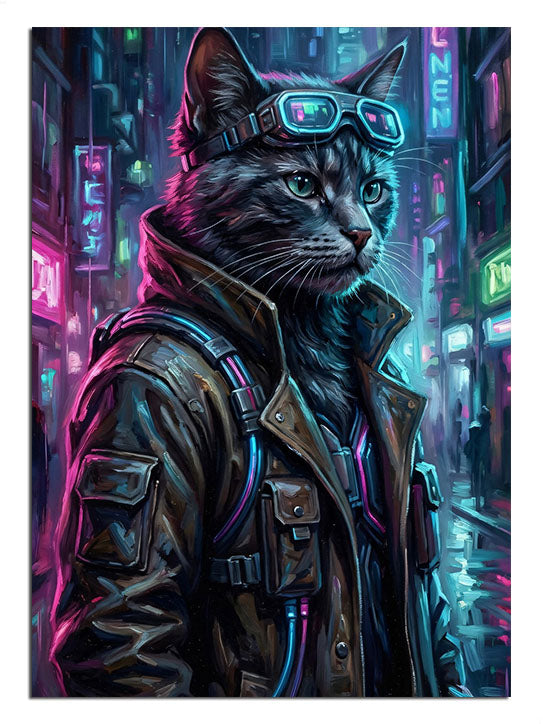 Deri ceketli ve gözlüklü, neon ışıklı kedi figürü.