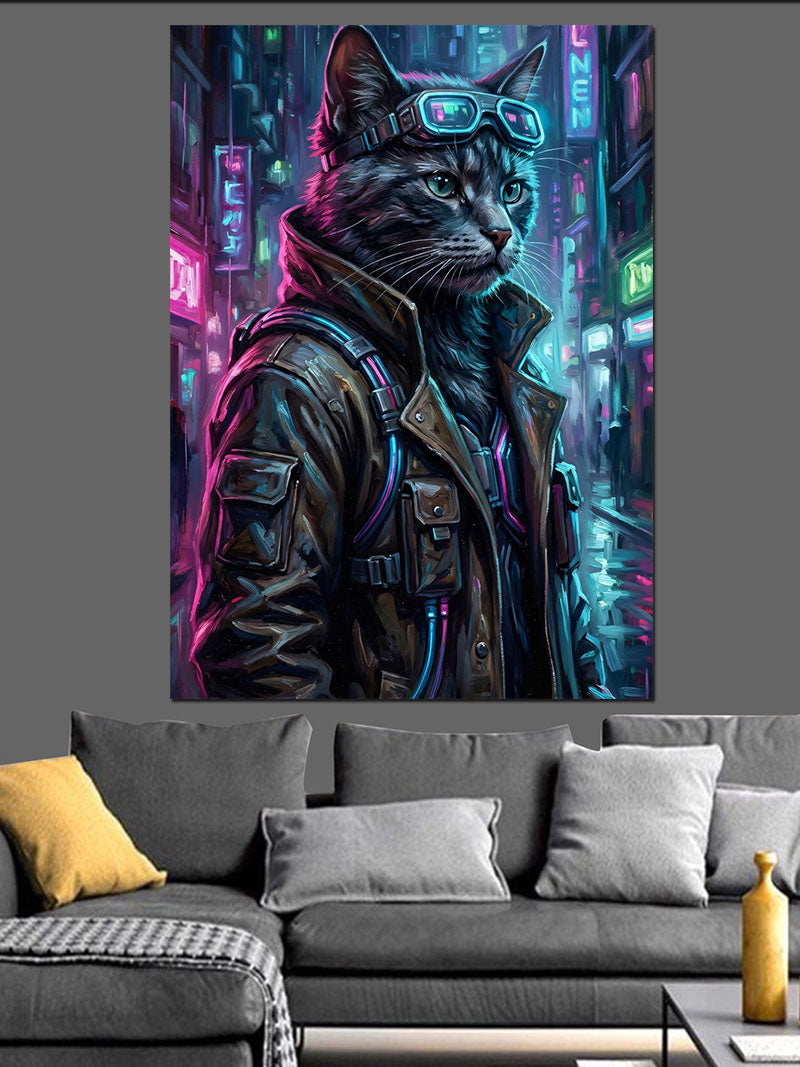 Cyberpunk Tarzı Pilot Kedi Portresi Kanvas Tablo