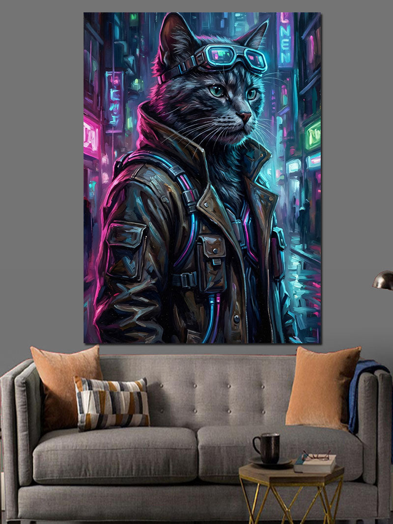 Cyberpunk Tarzı Pilot Kedi Portresi Kanvas Tablo