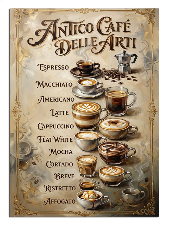 İtalyan tarzı eski bir kafe menüsü ve kahve çizimleri.