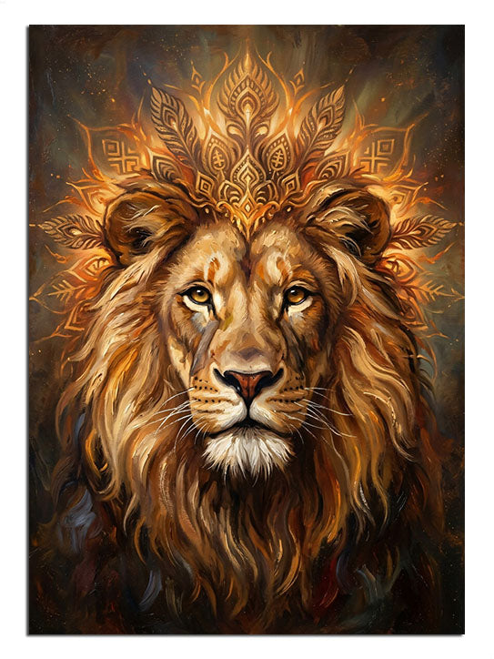 Altın rengi ışıklar saçan, taç giymiş aslan portresi.