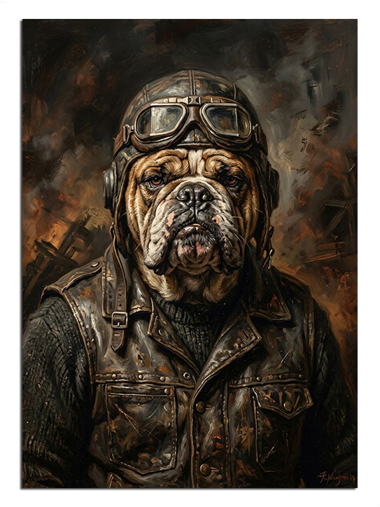Kask ve gözlük takmış, pilot üniformalı ciddi bulldog.