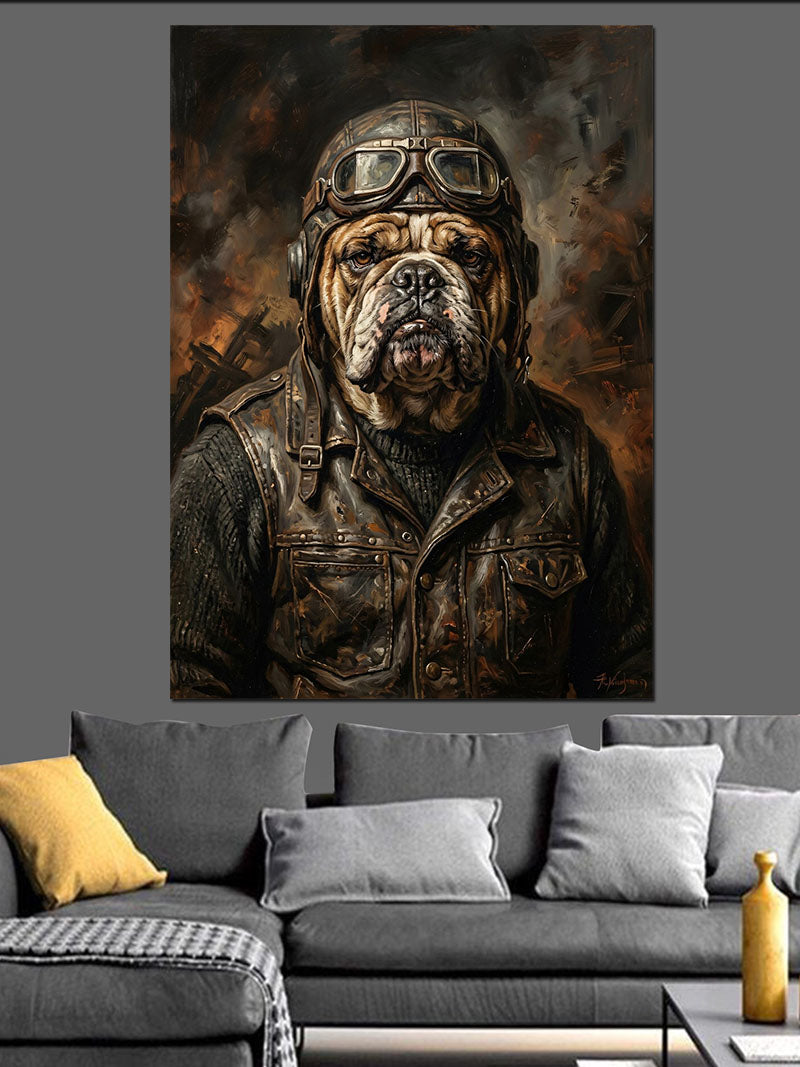 Pilot Kıyafetli Bulldog Köpek Portresi Kanvas Tablo