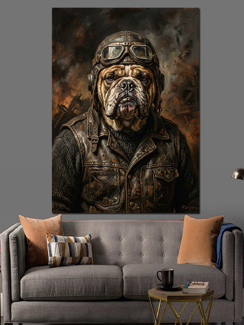 Pilot Kıyafetli Bulldog Köpek Portresi Kanvas Tablo