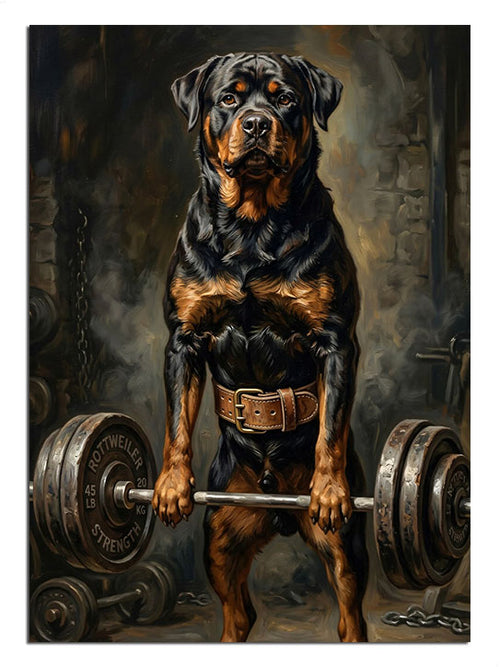 Halter kaldıran, vücut geliştirici köpek karakteri.