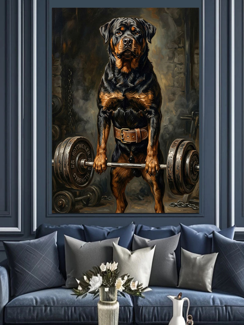 Ağırlık Kaldıran Kaslı Rottweiler Köpeği Kanvas Tablo