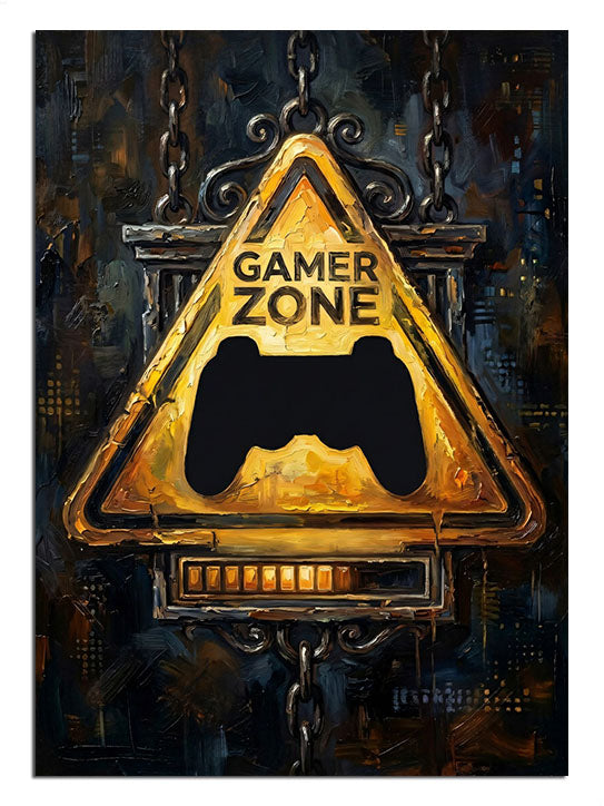 "Gamer Zone" yazılı, üzerinde kol simgesi olan pano.