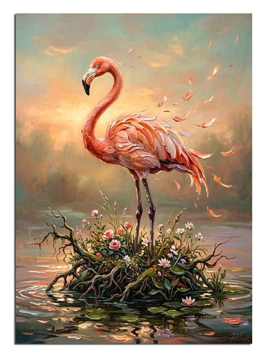 Egzotik bitkiler arasında tek ayağı üstünde flamingo.