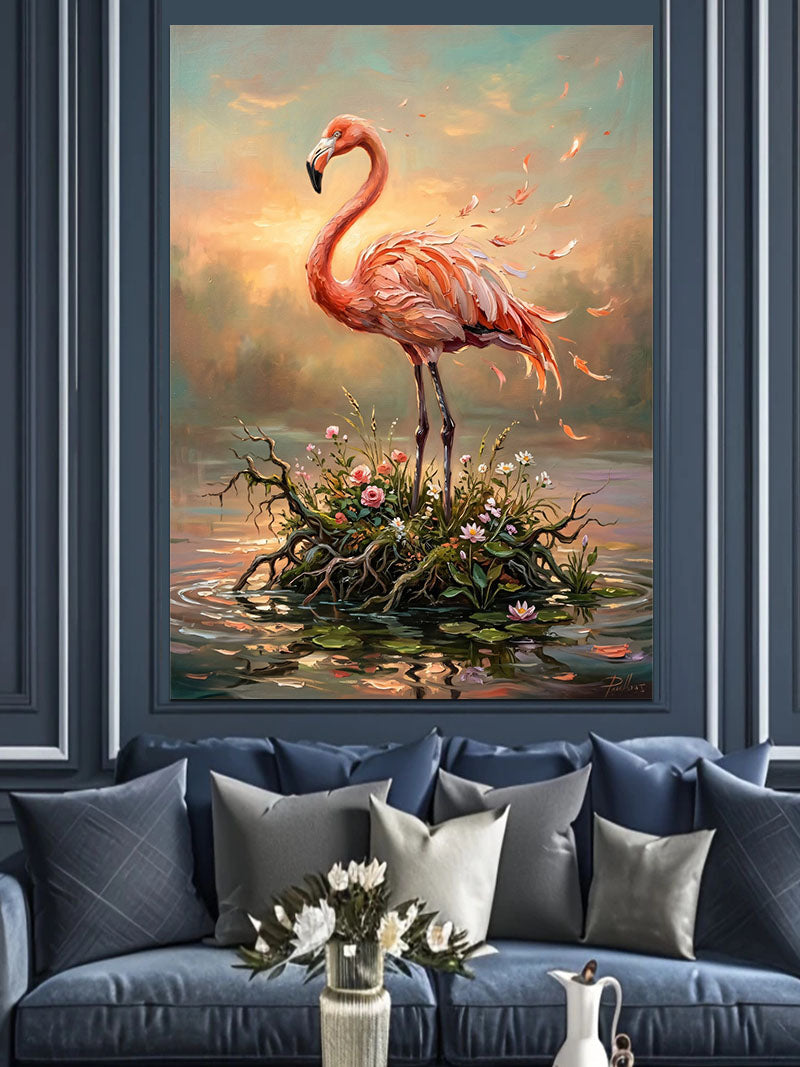 Su Kenarında Duran Pembe Flamingo Kanvas Tablo