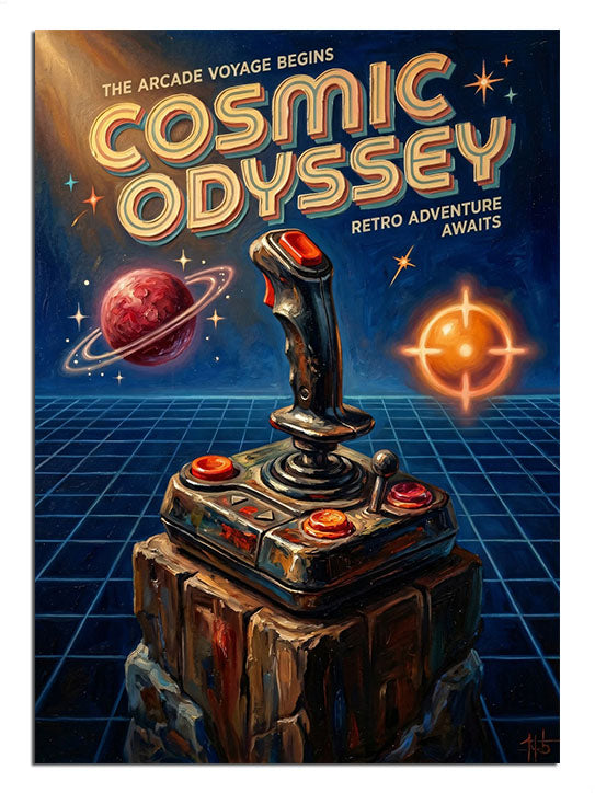"Cosmic Odyssey" yazılı, 80'ler tarzı neon uzay oyunu tasarımı.