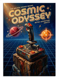 "Cosmic Odyssey" yazılı, 80'ler tarzı neon uzay oyunu tasarımı.