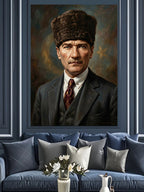 Atatürk Kalpaklı Klasik Portre Çalışması Kanvas Tablo