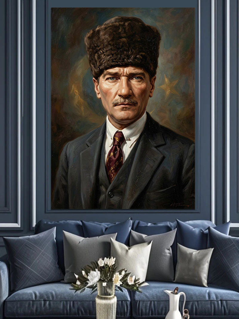 Atatürk Kalpaklı Klasik Portre Çalışması Kanvas Tablo