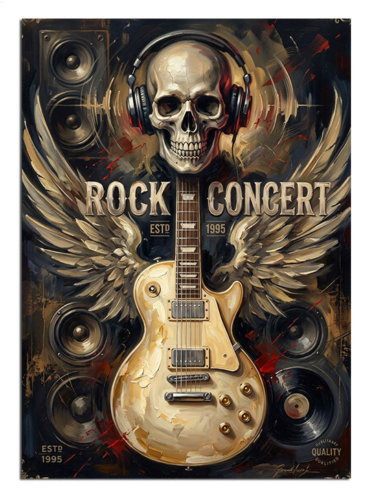 Gitar, kurukafa ve kanatlarla bezeli "Rock Concert" amblemi.