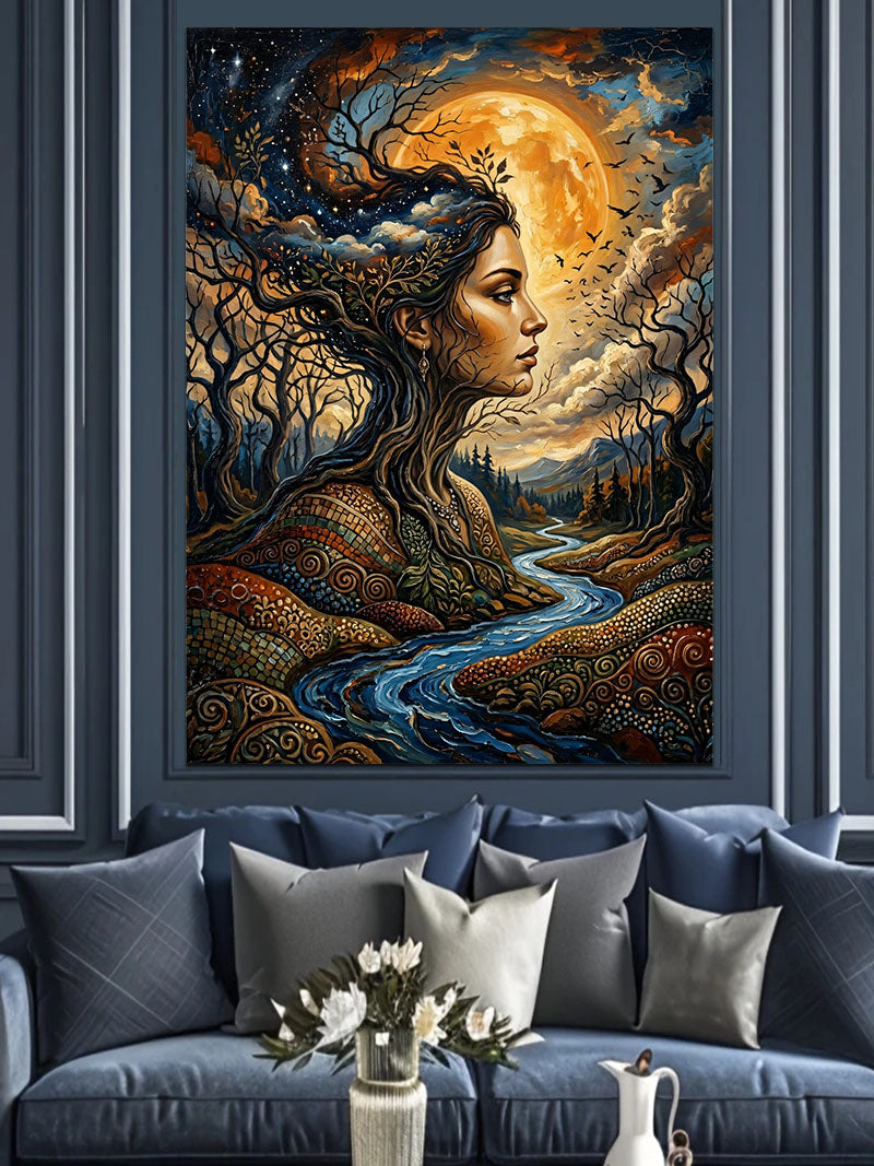 Doğayla Bütünleşmiş Kadın Ve Gece Kanvas Tablo