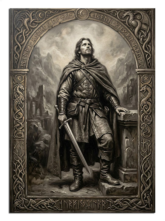 Kılıcıyla görkemli bir tahtta oturan zırhlı kral.