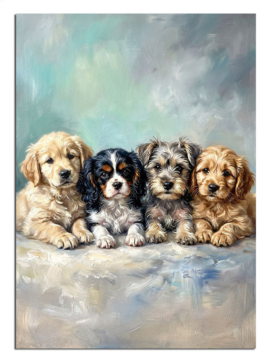 Yan yana duran, masum bakan sevimli yavru köpekler.