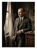 Pencere önünde, takım elbisesiyle vakur Mustafa Kemal.
