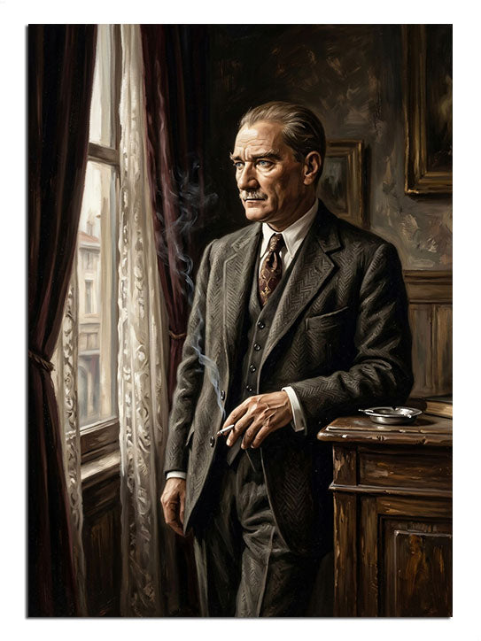 Pencere önünde, takım elbisesiyle vakur Mustafa Kemal.