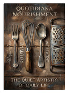 "Quotidiana Nourishment" yazılı mutfak gereçleri ve yazı.