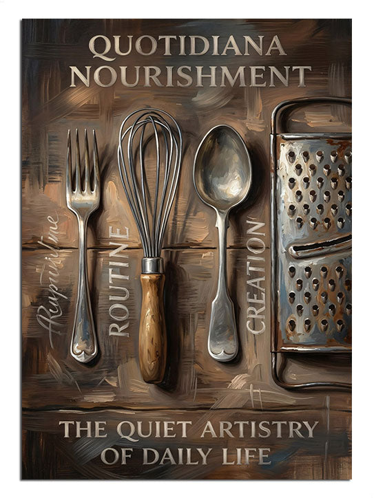 "Quotidiana Nourishment" yazılı mutfak gereçleri ve yazı.