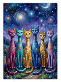 Van Gogh tarzında gökyüzü önünde dört kedi.