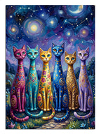 Van Gogh tarzında gökyüzü önünde dört kedi.
