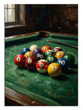 Yeşil çuha üzerinde parlayan bilardo topları dizisi.