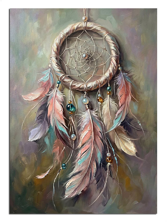 Rengarenk tüyleri olan sanatsal düş kapanı (dreamcatcher).