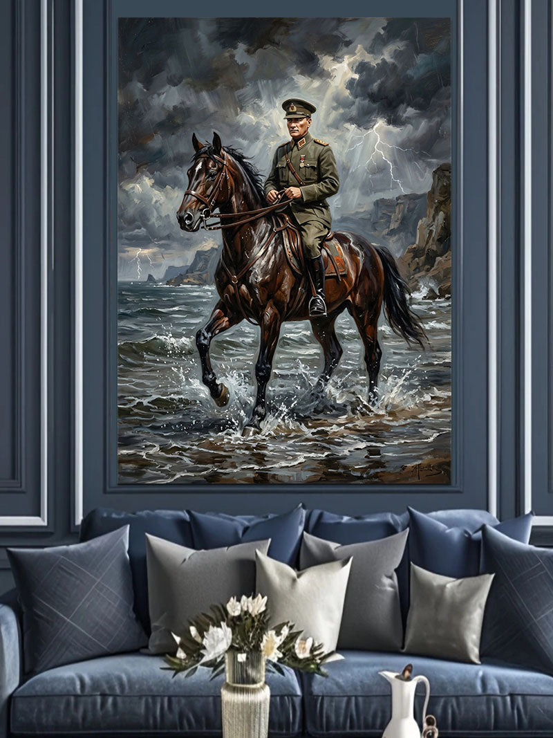 At Üstünde Üniformalı Atatürk Kanvas Tablo