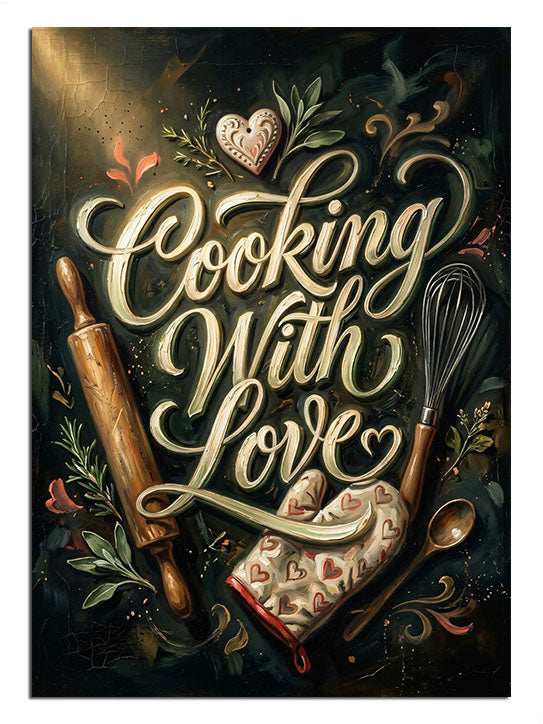 "Cooking With Love" yazılı nostaljik mutfak gereçleri görseli.