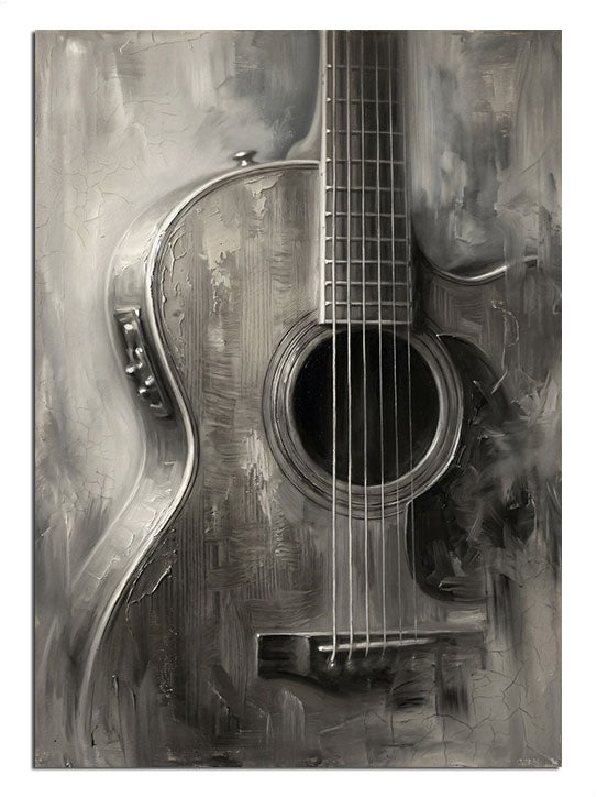 Dramatik ışık altında akustik gitarın gövde detayı.