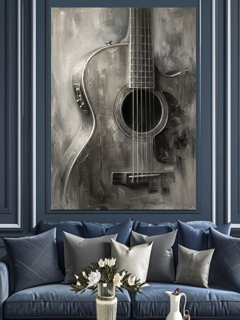 Siyah Beyaz Sanatsal Gitar Detayı Kanvas Tablo