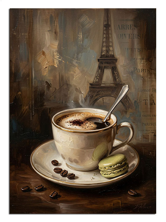 Bir fincan kahve ve arka planda Paris silüeti.